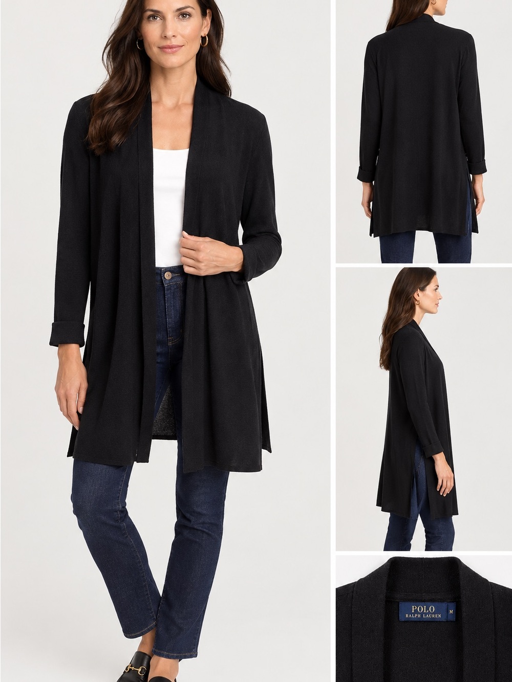 Polo Ralph Lauren Women’s Long Open Front Cardigan Black High Side Slits size L